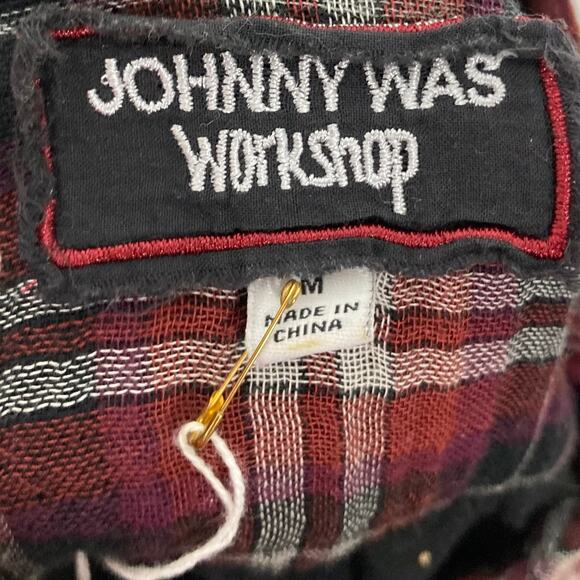JOHNNY WAS WORKSHOP Shirt M Floral Embroidery Plaid Long Sleeve Button - Picture 4 of 12
